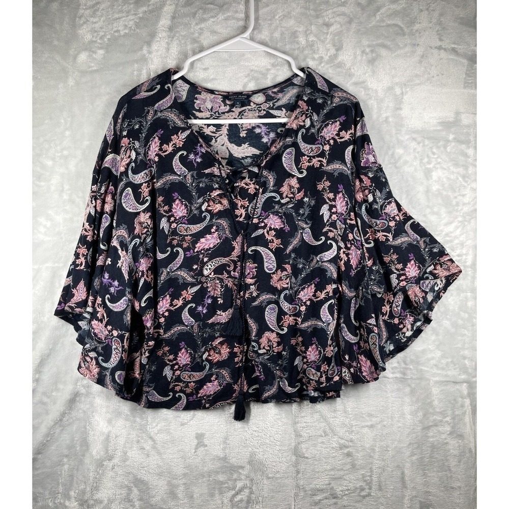 Lucky Brand Floral Flowy Cropped Boho Peasant Tie V-neck Blouse Sz. Small EUC
